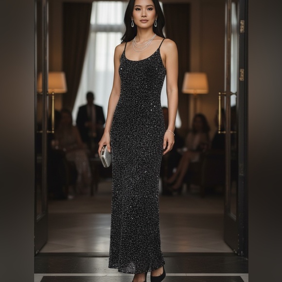 alexander mcqueen evening dress Adrianna Papell Off The Shoulder Long Sleeves Back Zipper Long Beaded Dress IVORY BISCOTTI / 4